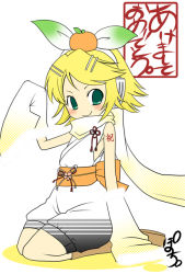 Rule 34 | 1girl, akeome, alternate costume, arm tattoo, bare shoulders, blonde hair, blush, detached sleeves, food, food on head, fruit, fruit on head, full body, green eyes, hair ornament, hair ribbon, hairclip, happy new year, headphones, japanese clothes, kagamine rin, kimono, looking at viewer, mandarin orange, new year, no pupils, object on head, red ribbon, ribbon, scarf, seiza, short hair, short sleeves, simple background, sitting, sleeveless, sleeveless kimono, solo, swept bangs, tareme, tassel, tattoo, vocaloid, white background, white kimono, white ribbon, yellow scarf