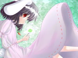 Rule 34 | 1girl, animal ears, bad id, bad pixiv id, black hair, rabbit ears, carrot, carrot necklace, clover, dress, female focus, four-leaf clover, inaba tewi, jewelry, mizunaka nama, necklace, pendant, profile, red eyes, short hair, solo, suiseitai, touhou