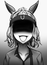 Rule 34 | 1girl, absurdres, animal ears, facing viewer, gradient background, greyscale, hair ornament, highres, horse ears, horse girl, horseshoe, monochrome, nobu (sfam7588), open mouth, portrait, run to the top (umamusume), shaded face, solo, tagme, umamusume, umamusume: cinderella gray, upper body