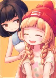 Rule 34 | 2girls, beanie, black hair, blonde hair, blush, braid, brown eyes, closed eyes, collared dress, cosplay, costume switch, creatures (company), dress, floral print, game freak, hands on shoulders, hat, lillie (pokemon), long hair, looking to the side, makaroll, multiple girls, nintendo, open mouth, orange background, pokemon, pokemon sm, red hat, selene (pokemon), shirt, short hair, short sleeves, simple background, sleeveless, sleeveless dress, smile, swept bangs, t-shirt, tied shirt, twin braids, white dress