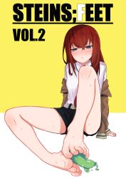 Rule 34 | 1girl, absurdres, bare legs, barefoot, belt, black shorts, blue eyes, blush, breasts, collared shirt, english text, feet, foot focus, foreshortening, full body, gel banana, hair between eyes, highres, jacket, kahlua (artist), long hair, long sleeves, looking down, makise kurisu, off shoulder, red hair, sexually suggestive, shirt, short shorts, shorts, simple background, sitting, small breasts, solo, steins;gate, straight hair, sweat, thighs, toes, triangle mouth, two-tone background, white background, white shirt, yellow background