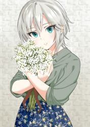 Rule 34 | 1girl, anastasia (idolmaster), blue eyes, blue skirt, bouquet, collared shirt, floral print, flower, ginnote, grey shirt, hair between eyes, holding, holding bouquet, idolmaster, idolmaster cinderella girls, looking at viewer, print skirt, shirt, short hair, silver hair, skirt, sleeves rolled up, smile, solo, standing, white flower