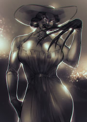 Rule 34 | 1girl, alcina dimitrescu, blood, blood on face, breasts, chaora, claws, cleavage, cowboy shot, dress, earrings, gloves, grin, hat, highres, jewelry, large breasts, lipstick, makeup, mature female, monochrome, necklace, pearl necklace, resident evil, resident evil village, short hair, smile, solo, sun hat