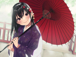 Rule 34 | 1girl, black hair, blush, commentary request, day, flower, hair flower, hair ornament, highres, japanese clothes, kimono, long hair, official art, oil-paper umbrella, original, outdoors, pokachu, purple eyes, purple kimono, red umbrella, smile, umbrella, upper body, wide sleeves