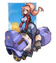 Rule 34 | 1girl, absurdres, ahoge, blue eyes, bodysuit, borrowed character, breasts, commentary, cropped jacket, english commentary, flying, highres, holstered, hover bike, hover vehicle, jacket, kelvin hiu, large breasts, light brown hair, long hair, original, police, ponytail, red jacket, riding, roxanne redshift, science fiction, solo, swept bangs