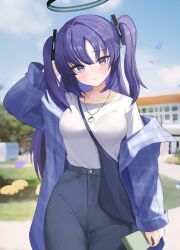 Rule 34 | 1girl, absurdres, alternate costume, black pants, blue archive, blush, closed mouth, cowboy shot, day, halo, highres, long hair, long sleeves, mechanical halo, outdoors, pants, purple eyes, purple hair, shirt, solo, two side up, white shirt, yuuka (blue archive), zije