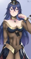 Rule 34 | 1girl, absurdres, alternate costume, arcedo, armlet, bare shoulders, blue eyes, blue hair, blush, bracelet, breasts, cape, circlet, cleavage, covered navel, dancer, earrings, female focus, fire emblem, fire emblem awakening, fire emblem heroes, hair between eyes, highres, jewelry, long hair, looking at viewer, lucina (fire emblem), matching hair/eyes, medium breasts, midriff, necklace, nintendo, open mouth, ponytail, simple background, solo, tiara