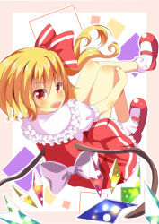 Rule 34 | 1girl, blonde hair, bow, dress, fang, flandre scarlet, framed, hair bow, highres, looking at viewer, looking back, mary janes, open mouth, outside border, red dress, red eyes, shoes, side ponytail, smile, solo, touhou, wings, yuimari