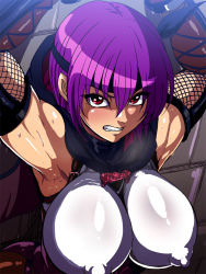 Rule 34 | 1girl, angry, ayane (doa), breasts, covered erect nipples, dead or alive, huge breasts, looking at viewer, purple hair, raburebo, sweat