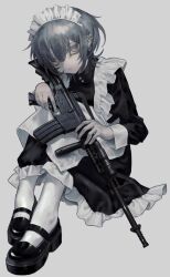 Rule 34 | 1girl, absurdres, apron, assault rifle, black dress, black footwear, closed mouth, commentary, dress, ear piercing, expressionless, frilled apron, frills, grey background, grey eyes, grey hair, gun, hair between eyes, highres, holding, holding gun, holding weapon, knees to chest, leaning forward, legs together, long bangs, long sleeves, looking at viewer, m16, m16a4, maid, maid headdress, nia (x x02), no pupils, original, pantyhose, piercing, raised eyebrows, rifle, sandals, short hair, sidelocks, simple background, sitting, solo, weapon, white apron, white pantyhose