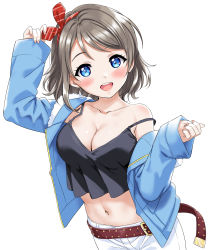 Rule 34 | 1girl, :d, arm up, belt, blue eyes, blue jacket, blush, brown hair, camisole, collarbone, commentary request, cowboy shot, hair ribbon, jacket, long sleeves, looking at viewer, love live!, love live! sunshine!!, navel, off shoulder, open clothes, open jacket, open mouth, red ribbon, ribbon, round teeth, sankuro (agoitei), short hair, simple background, single bare shoulder, sleeves past wrists, smile, solo, stomach, strap slip, swept bangs, teeth, upper teeth only, watanabe you, white background