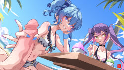 Rule 34 | 1boy, 2girls, artist logo, artist name, beach, bikini, blue hair, blue nails, blue ribbon, blue sky, blunt bangs, blush, breasts, choker, cloud, cloudy sky, collarbone, commentary, day, dr-alu, dutch angle, eating, english commentary, erection, eyelashes, feet out of frame, food, green eyes, grin, hair between eyes, hair ribbon, hand up, handjob, hetero, holding, hololive, hololive summer 2023 swimsuit, hoshimachi suisei, long hair, looking at viewer, looking to the side, medium hair, multicolored hair, multicolored nails, multiple girls, nail polish, o-ring, o-ring choker, out of frame, outdoors, palm tree, penis, pink hair, public indecency, purple hair, purple nails, ribbon, shaved ice, side ponytail, sitting, sky, small breasts, smile, star (symbol), star in eye, streaked hair, striped ribbon, swimsuit, symbol in eye, table, teeth, tokoyami towa, tree, twintails, uncensored, virtual youtuber, watermark, web address