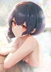 Rule 34 | 1girl, absurdres, bath, black hair, blush, completely nude, crossed arms, fingernails, hair bun, highres, idolmaster, idolmaster shiny colors, light smile, looking at viewer, morino rinze, nail polish, nude, ofuro, partially submerged, red eyes, single side bun, sky cappuccino, solo, steam, water drop