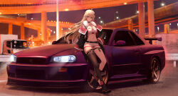 1girl absurdres bare_shoulders belt black_boots black_choker black_jacket black_socks black_thighhighs blonde_hair boots breasts car choker cleavage closed_mouth commission crop_top full_body fur_collar gloves hand_on_own_hip high_heel_boots high_heels highres highway jacket kcar66t large_breasts long_hair long_sleeves looking_at_viewer midriff motor_vehicle navel nissan nissan_skyline nissan_skyline_r34 off_shoulder open_clothes open_jacket original outdoors pixiv_commission red_eyes red_gloves shirt short_shorts shorts single_sock single_thighhigh skindentation sleeveless sleeveless_shirt smile socks solo sports_car stomach thigh_strap thighhighs thighs white_shirt white_shorts