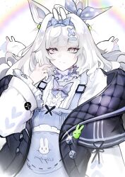 Rule 34 | 1girl, absurdres, animal ears, black jacket, blue bow, blue hairband, bow, choker, cross-shaped pupils, ear bow, fake animal ears, frilled choker, frilled shirt, frills, grey eyes, grey hair, hair bow, hair intakes, hair ornament, hairband, hairclip, highres, jacket, long hair, long sleeves, mechanical ears, mi0 nee, mismatched pupils, no.21: feral scent (punishing: gray raven), no.21 (punishing: gray raven), official alternate costume, playing with own hair, punishing: gray raven, rabbit ears, shirt, sidelocks, solo, symbol-shaped pupils, white shirt, x hair ornament