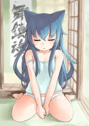 Rule 34 | 1girl, :o, akatsuki (kancolle), animal ears, bare arms, bare legs, bare shoulders, barefoot, black hair, blush, camisole, cat ears, closed eyes, collarbone, commentary request, day, facing viewer, full body, hair between eyes, haru (renol), highres, indoors, kantai collection, long hair, panties, parted lips, sitting, sleeping, sliding doors, solo, strap slip, translation request, underwear, underwear only, v arms, very long hair, wariza, white panties
