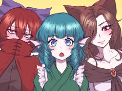 Rule 34 | 3girls, animal ears, black shirt, blue eyes, blue hair, blush, bow, breasts, brooch, brown hair, cape, chestnut mouth, covered mouth, curly hair, dress, embarrassed, eyes visible through hair, fins, flat chest, gradient eyes, hair between eyes, hair bow, hair over one eye, head fins, highres, imaizumi kagerou, japanese clothes, jewelry, kimono, long hair, looking at viewer, looking away, medium breasts, mermaid, miata (miata8674), monster girl, multicolored eyes, multiple girls, off shoulder, open mouth, red cape, red eyes, red hair, ribbon-trimmed headwear, ribbon trim, sekibanki, shirt, simple background, touhou, upper body, wakasagihime, white dress, wolf ears