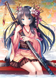 Rule 34 | 1girl, akashio (loli ace), bell, black hair, blue eyes, blush, brown kimono, brown skirt, closed mouth, collarbone, commentary request, floating hair, floral print, flower, hair flower, hair ornament, hair ribbon, hands up, highres, holding, holding sword, holding weapon, japanese clothes, jingle bell, kanzashi, kimono, long hair, long sleeves, looking at viewer, obi, ootachi, original, print kimono, print ribbon, red ribbon, ribbon, sash, scabbard, sheath, sheathed, short kimono, sidelocks, sitting, skirt, smile, soaking feet, solo, sword, tassel, water, weapon, white flower