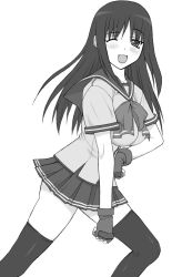 Rule 34 | 1girl, breasts, gloves, greyscale, impossible clothes, impossible shirt, kurusugawa ayaka, large breasts, long hair, monochrome, one eye closed, school uniform, shichimenchou, shirt, simple background, solo, thighhighs, to heart, to heart (series), wink