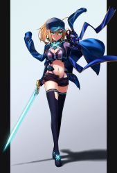 Rule 34 | 1girl, absurdres, ahoge, alternate breast size, artoria pendragon (fate), baseball cap, black shorts, blonde hair, blue eyes, blue gloves, blue hat, blue jacket, blue thighhighs, breasts, cleavage, closed mouth, crossed legs, fate/grand order, fate (series), fingerless gloves, frown, full body, gloves, greenkohgen, grey background, hair between eyes, hat, highres, holding, holding sword, holding weapon, huge filesize, jacket, large breasts, long hair, looking at viewer, mysterious heroine x (fate), mysterious heroine x (third ascension) (fate), navel, open fly, pillarboxed, ponytail, short shorts, shorts, solo, standing, sword, thighhighs, track jacket, watson cross, weapon
