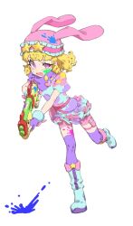 Rule 34 | 1girl, animal hat, blonde hair, blue footwear, boots, dress, fingerless gloves, fugota6509, full body, gloves, gun, half-closed eye, hat, heart, highres, holding, holding gun, holding weapon, idol time pripara, knee boots, looking at viewer, multicolored clothes, multicolored dress, open mouth, paint, paint on body, paint on clothes, paint splatter, paint splatter on face, pink hat, pink shorts, pretty series, pripara, purple eyes, purple gloves, purple scarf, rabbit hat, ringlets, running, scarf, short hair, short sleeves, shorts, simple background, solo, standing, standing on one leg, star (symbol), sweatdrop, water gun, weapon, white background, yumekawa yui