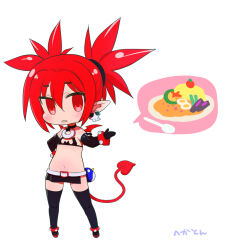 1girl boots chibi choker demon_girl demon_tail demon_wings disgaea earrings elbow_gloves etna_(disgaea) flat_chest food full_body gloves hekaton jewelry looking_at_viewer mini_wings miniskirt o-ring o-ring_choker pointy_ears red_eyes red_hair skirt skull_earrings solo tail thigh_boots wings