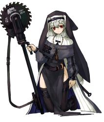 Rule 34 | 1girl, arknights, black dress, black hat, black thighhighs, circular saw, dress, female focus, grey hair, hat, highres, holding, holding weapon, jewelry, kneeling, long sleeves, necklace, pelvic curtain, red eyes, saw, simple background, solo, specter (arknights), thighhighs, truffletrefla, weapon, white background