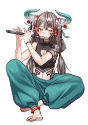 Rule 34 | 1girl, absurdres, anklet, baggy pants, bare shoulders, barefoot, bright pupils, brown hair, cleavage cutout, clothing cutout, flute, full-body tattoo, full body, hair between eyes, half-closed eyes, highres, horn ornament, horns, instrument, jewelry, long hair, midriff, music, original, pants, playing instrument, pointy ears, red eyes, sarukichi, sitting, smile, solo, tattoo, tribal tattoo, white background, white pupils