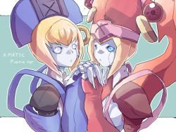 Rule 34 | 2girls, age difference, android, arc system works, blazblue, blonde hair, blue eyes, citolo, hat, holding hands, ignis (blazblue), interlocked fingers, mother and daughter, multiple girls, nirvana (blazblue), pale skin, pink hat, revision, short hair, symmetrical hand pose, white eyes