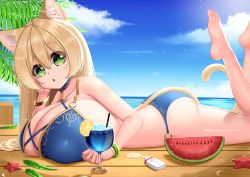 Rule 34 | 1girl, animal ears, bikini, blonde hair, breasts, cat ears, cat tail, cleavage, curvy, green eyes, highres, huge breasts, long hair, lying, on stomach, solo, swimsuit, tail