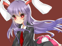 Rule 34 | 1girl, all fours, animal ears, arched back, bad id, bad pixiv id, blazer, blush, collared shirt, dress shirt, jacket, koyashaka, long hair, looking at viewer, necktie, pink skirt, pleated skirt, purple hair, rabbit ears, rabbit girl, rabbit tail, red eyes, red necktie, reisen udongein inaba, shirt, skirt, solo, tail, touhou, wavy mouth, white shirt