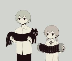 Rule 34 | 1boy, 1girl, accordion, animal, avogado6, blouse, cat, collared shirt, grey background, greyscale, holding, holding animal, holding cat, instrument, jitome, long sleeves, low twintails, monochrome, music, muted color, open mouth, original, playing instrument, shirt, short hair, simple background, standing, tagme, twintails, white shirt