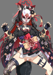 Rule 34 | 1girl, absurdres, animal ears, black gloves, black nails, blue archive, breasts, censored, drooling, fingerless gloves, fishnet thighhighs, fishnets, floral print, fox ears, fox mask, fox tail, gloves, gozaru, grey background, halo, heart, heart censor, highres, long hair, mask, medium breasts, no panties, pussy, pussy juice, sash, school uniform, serafuku, simple background, single thighhigh, solo, spread legs, tail, thigh strap, thighhighs, wakamo (blue archive)