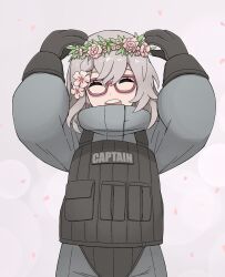 Rule 34 | 1girl, arms up, black gloves, braid, closed eyes, commentary, commission, english text, female commander (girls&#039; frontline), flower, girls&#039; frontline, gloves, hair between eyes, hair flower, hair ornament, hazmat suit, head wreath, long hair, open mouth, petals, pink background, pixiv commission, bulletproof vest, red-framed eyewear, solo, tab (tabkun), upper body, white hair