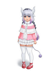 Rule 34 | 1girl, beads, black hairband, blue eyes, blunt bangs, blush, bow, clenched hands, closed mouth, dragon horns, dress, eyelashes, female focus, fingernails, full body, hair beads, hair bow, hair ornament, hairband, highres, horns, irotsuya, kanna kamui, kobayashi-san chi no maidragon, legs together, lips, long hair, long sleeves, looking at viewer, multicolored hair, pink dress, purple hair, red footwear, shoes, silver hair, simple background, solo, standing, tail, thighhighs, thighs, twintails, two-tone hair, white background, white thighhighs, zettai ryouiki