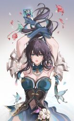 Rule 34 | 1girl, armpits, arms up, bare shoulders, black hair, blue dress, blue eyes, blue gloves, breasts, bug, butterfly, chinese clothes, cleavage, commentary, covered navel, detached sleeves, dress, gloves, gradient background, grey background, highres, honkai: star rail, honkai (series), insect, long hair, looking at viewer, medium breasts, nevercrymoon, parted lips, ruan mei (honkai: star rail), short sleeves, solo, strapless, strapless dress, upper body, very long hair