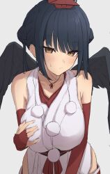 Rule 34 | 1girl, absurdres, black hair, blush, breasts, brown eyes, closed mouth, elbow gloves, feathered wings, fingerless gloves, gloves, hand on own chest, highres, kaekae kaeru, large breasts, looking at viewer, nijisanji, red gloves, simple background, solo, standing, sweatdrop, tengu, virtual youtuber, white background, wings, yamagami karuta