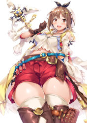 Rule 34 | 1girl, :d, akizora momiji, atelier (series), atelier ryza, atelier ryza 1, belt, breasts, brown eyes, brown gloves, brown hair, brown legwear, cleavage, gloves, hair ornament, hairclip, hat, highres, jewelry, looking at viewer, medium breasts, navel, necklace, open mouth, red shorts, reisalin stout, short hair, shorts, simple background, single glove, smile, solo, standing, star (symbol), thigh gap, thighs, white background, white hat, white legwear