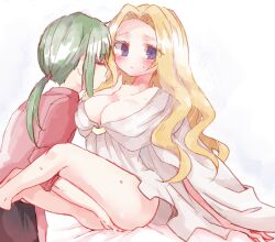 Rule 34 | 1boy, 1girl, blonde hair, blush, breasts, circlet, cleavage, closed eyes, clothed sex, edain (fire emblem), fingering, fire emblem, fire emblem: genealogy of the holy war, green hair, hetero, large breasts, midir (fire emblem), nightgown, nintendo, red shirt, shirt, sitting, sui (aruko91), white nightgown