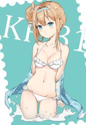 Rule 34 | alternate hairstyle, bikini, blonde hair, blue eyes, blush, breasts, character name, cleavage, closed mouth, collarbone, girls&#039; frontline, looking at viewer, medium breasts, official alternate costume, solo, suomi (girls&#039; frontline), suomi (midsummer pixie) (girls&#039; frontline), swimsuit, white bikini