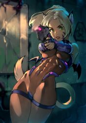 Rule 34 | 1girl, animal ears, bare shoulders, bat wings, biohazard symbol, blurry, bodysuit, cat ears, cat girl, cat tail, commentary, cowboy shot, depth of field, elbow gloves, english commentary, facial mark, fingerless gloves, gloves, gun, handgun, highres, holding, holding gun, holding weapon, light particles, looking at viewer, mini wings, muscular, muscular female, optionaltypo, original, ponytail, red lips, sleeveless, smoke, smoking barrel, solo, tail, weapon, wings
