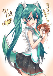 Rule 34 | 1girl, bad id, bad pixiv id, bracelet, date pun, dated, dinosaur, dinosaur tail, fang, food, good meat day, green eyes, green hair, hatsune miku, horns, jewelry, long hair, matching hair/eyes, meat, meat day, necktie, number pun, open mouth, pun, single horn, skirt, solo, spiked bracelet, spikes, tail, twintails, very long hair, vocaloid, yutoriro