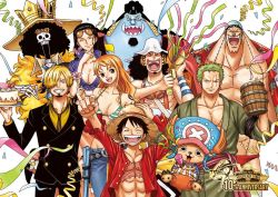 Rule 34 | 2girls, 6+boys, :3, abs, anniversary, black hair, blonde hair, blue eyes, breasts, brook (one piece), closed eyes, earrings, eyelashes, facial scar, franky (one piece), green hair, happy, hat, jewelry, jinbe (one piece), jumping, large breasts, large pectorals, long hair, monkey d. luffy, multiple boys, multiple girls, nami (one piece), nico robin, official art, one eye closed, one piece, open mouth, pectorals, roronoa zoro, sanji (one piece), scar, scar on cheek, scar on face, short hair, shoulder tattoo, skeleton, smile, straw hat, straw hat pirates, sunglasses on head, tattoo, tony tony chopper, usopp