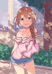 Rule 34 | 1girl, aqua eyes, arms behind back, baba konomi, bare shoulders, blush, braid, brown hair, commentary request, hair between eyes, hair over shoulder, idolmaster, idolmaster million live!, long hair, looking at viewer, mikaze takashi, navel, open mouth, outdoors, shadow, shorts, single braid, smile, solo, tree