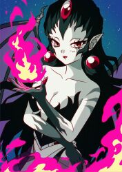 Rule 34 | 1990s (style), 1girl, black hair, black panties, black shirt, breasts, chama kou, cleavage, copyright request, demon wings, film grain, fire, fire, hand up, highres, long hair, looking at viewer, magic, medium breasts, panties, pointy ears, red eyes, red lips, red nails, retro artstyle, see-through, shirt, solo, strapless, strapless shirt, underwear, wings