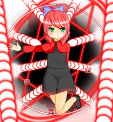 Rule 34 | 1girl, :&lt;, ahoge, bad id, bad pixiv id, bow, brooch, capelet, danmaku, double dealing character, female focus, green eyes, hair bow, highres, jewelry, legs up, long sleeves, looking at viewer, magic circle, nameless boss (touhou), no socks, open hand, outstretched arm, power-up, rainney, red hair, sekibanki, short hair, skirt, skirt set, solo, touhou