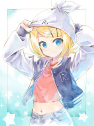 Rule 34 | 1girl, adjusting clothes, adjusting headwear, beanie, black jacket, blazer, blonde hair, blue eyes, bow, casual, clothes writing, commentary, crop top, hair bow, hair ornament, hairclip, hands up, hat, highres, jacket, kagamine rin, kei (keigarou), looking at viewer, midriff, navel, red shirt, shirt, short hair, smile, solo, star (symbol), starry background, swept bangs, upper body, vocaloid, white bow, white hat