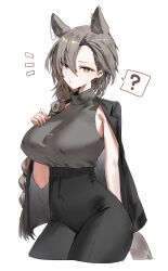 Rule 34 | 1girl, ?, absurdres, alternate costume, animal ears, arknights, black jacket, black pants, black shirt, breasts, commentary request, curvy, extra ears, grey hair, high-waist pants, highres, horn/wood, jacket, jacket on shoulders, large breasts, long hair, looking at viewer, low-braided long hair, low-tied long hair, mole above eye, pants, penance (arknights), shirt, simple background, sleeveless, sleeveless shirt, sleeveless turtleneck, solo, spoken question mark, turtleneck, turtleneck shirt, upper body, white background, wolf ears, wolf girl, yellow eyes