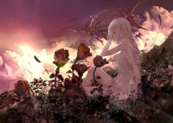 Rule 34 | 1girl, aircraft, airship, bare arms, bare shoulders, blurry, blurry foreground, braid, breasts, cloud, commentary request, depth of field, dress, flower, grey eyes, hair between eyes, hand up, highres, knee up, long hair, original, outdoors, petals, red flower, red rose, rose, shiabisu, single braid, sitting, sky, small breasts, solo, sunset, white dress, white hair