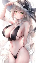Rule 34 | 1girl, absurdly long hair, aquila (a sip of sardegnian elegance) (azur lane), aquila (azur lane), arm behind back, azur lane, bikini, black bikini, black ribbon, braid, breasts, center opening, detached collar, green eyes, hair between eyes, hat, highleg, highleg bikini, highres, large breasts, long hair, looking at viewer, official alternate costume, oyuwari, ribbon, see-through, see-through shawl, shawl, simple background, single braid, skindentation, smile, solo, sun hat, swimsuit, teeth, very long hair, wet, white background, white hat